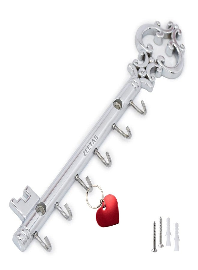 Zeetab Metal Royal Key Holder & Hanger with 6 Hooks | Rajwadi Wall Mount Key Stand | Home Decor Gift (24x6cm) (Chrome) - Image 1
